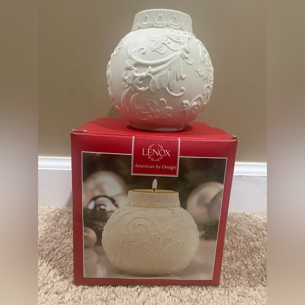 Beautiful Lenox Holly Scrollwork votive holder.  New in box.